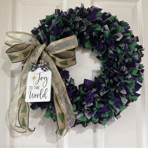 Handmade Rag Wreath 14-inch Country Chic Farmhouse "CHRISTMAS JOY" NEW